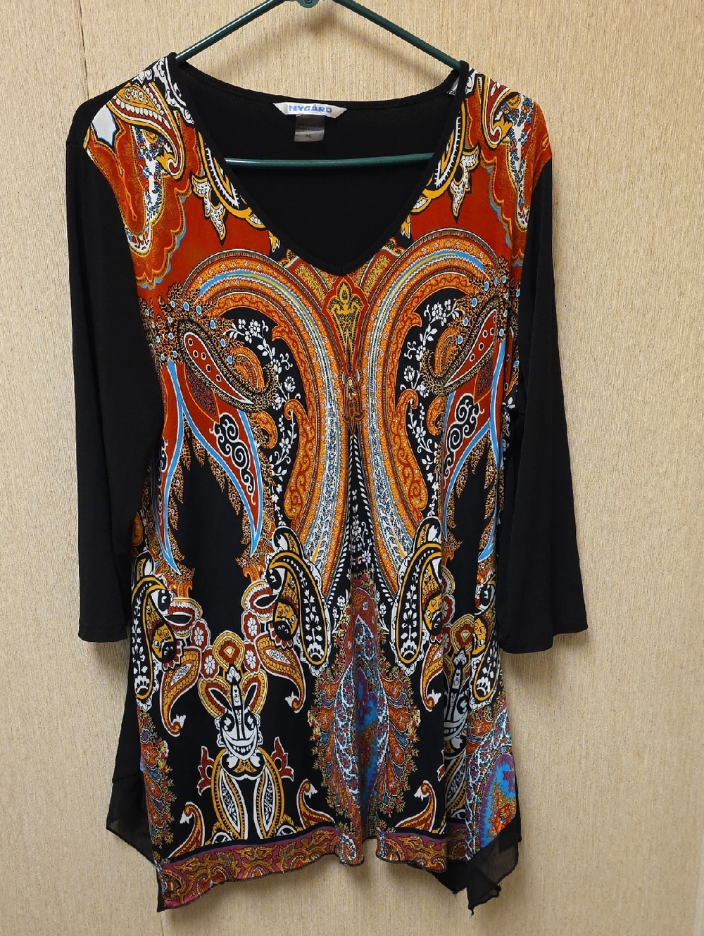 Peter Nygard Black Tunic with Orange and Blue Paisley
